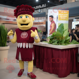 Maroon Caesar Salad mascot costume character dressed with a Shorts and Watches