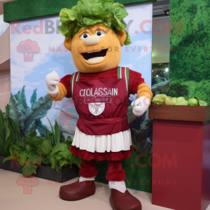 Maroon Caesar Salad mascot costume character dressed with a Shorts and Watches