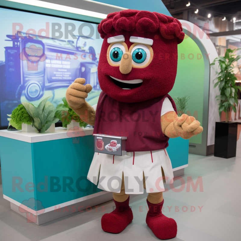 Maroon Caesar Salad mascot costume character dressed with a Shorts and Watches Maroon Caesar Salad mascot costume character dressed with a Shorts and Watches