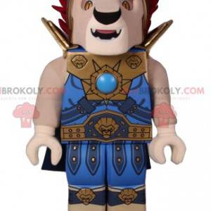 Mascote playmobil de leão com roupa de guerreiro azul -
