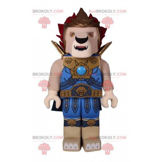 Mascote playmobil de leão com roupa de guerreiro azul -