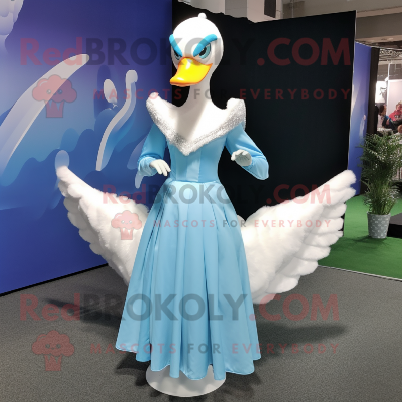 Sky Blue Swans mascot costume character dressed with a A-Line Dress and Lapel pins Sky Blue Swans mascot costume character dressed with a A-Line Dress and Lapel pins