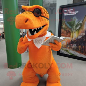 Orange T Rex mascot costume character dressed with a Wrap Dress and Reading glasses