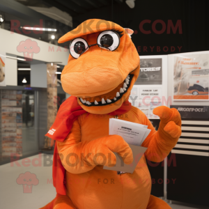 Orange T Rex mascot costume character dressed with a Wrap Dress and Reading glasses