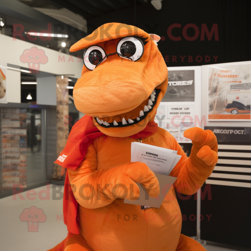 Orange T Rex mascot costume character dressed with a Wrap Dress and Reading glasses Orange T Rex mascot costume character dressed with a Wrap Dress and Reading glasses
