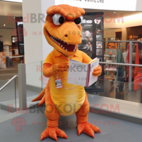 Orange T Rex mascot costume character dressed with a Wrap Dress and Reading glasses