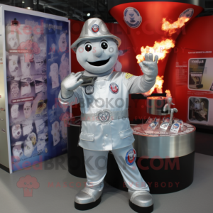 Silver Fire Fighter mascot costume character dressed with a Waistcoat and Lapel pins