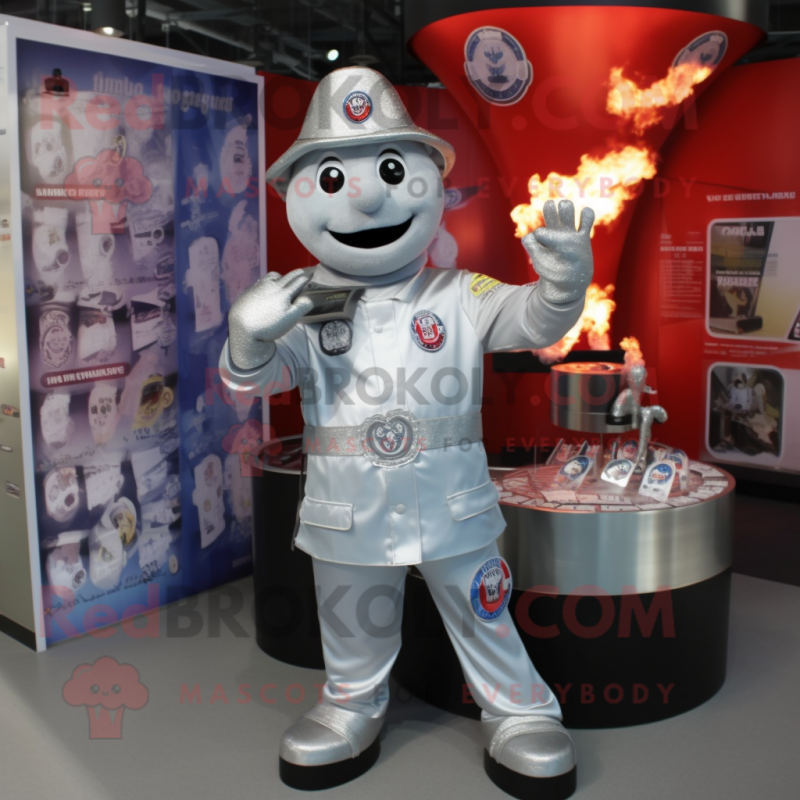 Silver Fire Fighter mascot costume character dressed with a Waistcoat and Lapel pins Silver Fire Fighter mascot costume character dressed with a Waistcoat and Lapel pins