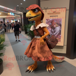 Rust Utahraptor mascot costume character dressed with a A-Line Skirt and Backpacks