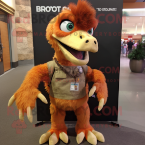 Rust Utahraptor mascot costume character dressed with a A-Line Skirt and Backpacks