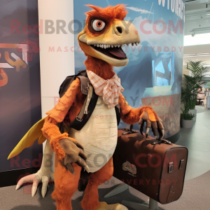 Rust Utahraptor mascot costume character dressed with a A-Line Skirt and Backpacks