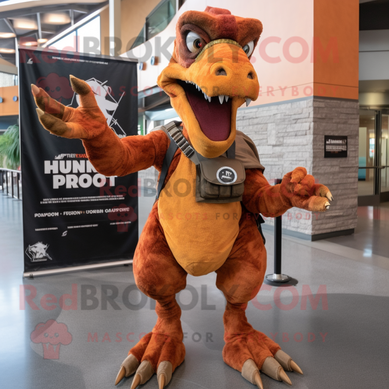 Rust Utahraptor mascot costume character dressed with a A-Line Skirt and Backpacks