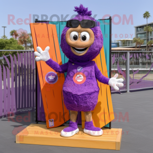 Purple Wrist Watch mascot costume character dressed with a Board Shorts and Hairpins