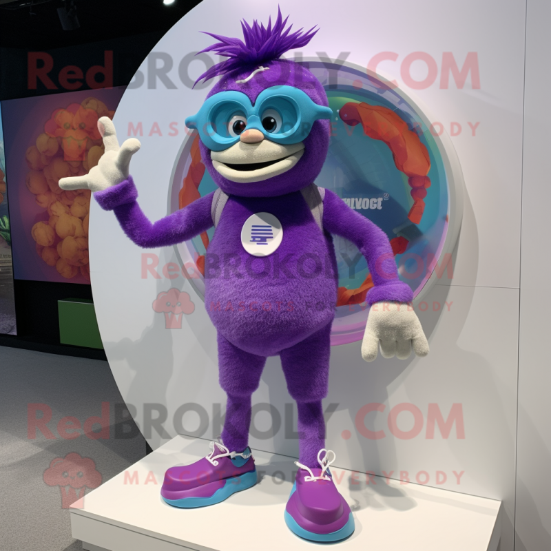 Purple Wrist Watch mascot costume character dressed with a Board Shorts and Hairpins Purple Wrist Watch mascot costume character dressed with a Board Shorts and Hairpins