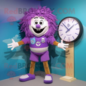 Purple Wrist Watch mascot costume character dressed with a Board Shorts and Hairpins