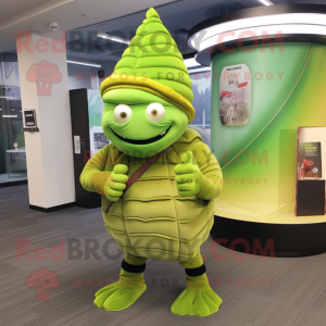 Lime Green Trilobite mascot costume character dressed with a Dress Pants and Berets