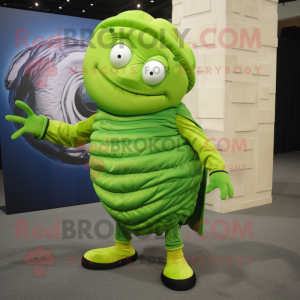 Lime Green Trilobite mascot costume character dressed with a Dress Pants and Berets