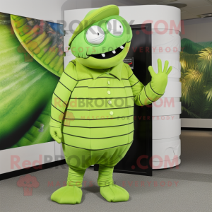 Lime Green Trilobite mascot costume character dressed with a Dress Pants and Berets