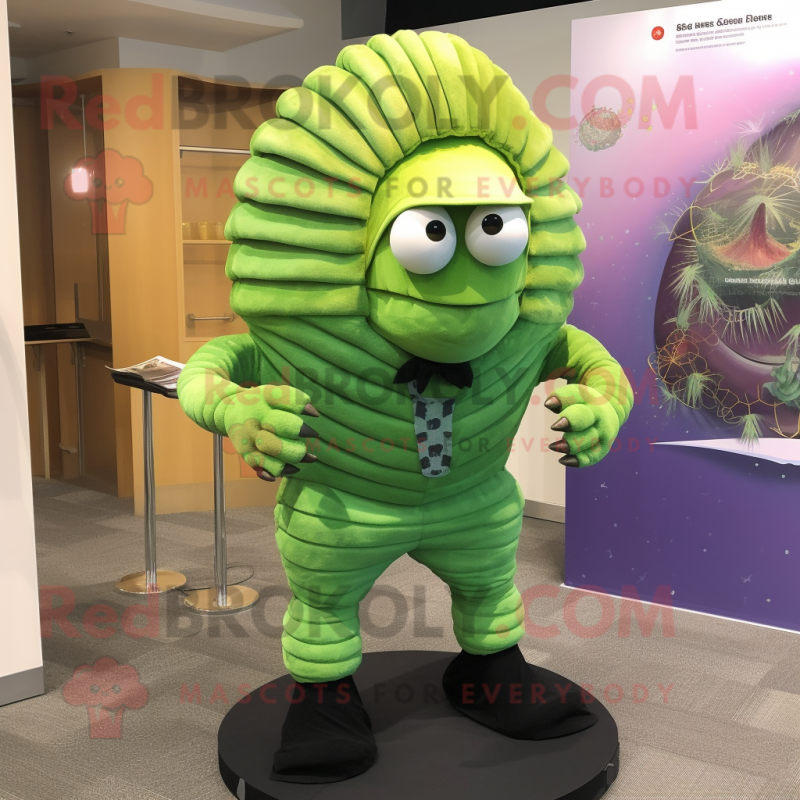 Lime Green Trilobite mascot costume character dressed with a Dress Pants and Berets Lime Green Trilobite mascot costume character dressed with a Dress Pants and Berets