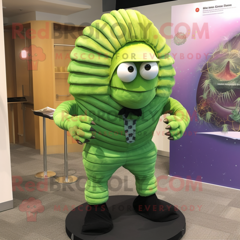 Lime Green Trilobite mascot costume character dressed with a Dress Pants and Berets