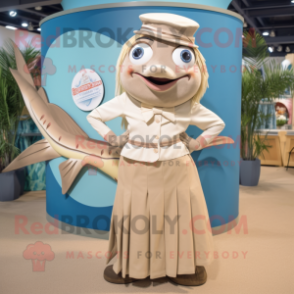 Tan Tuna mascot costume character dressed with a Maxi Skirt and Lapel pins