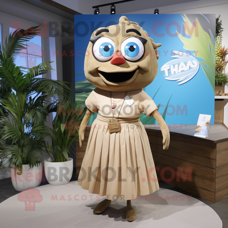 Tan Tuna mascot costume character dressed with a Maxi Skirt and Lapel pins