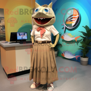 Tan Tuna mascot costume character dressed with a Maxi Skirt and Lapel pins