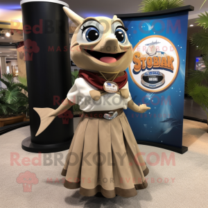 Tan Tuna mascot costume character dressed with a Maxi Skirt and Lapel pins