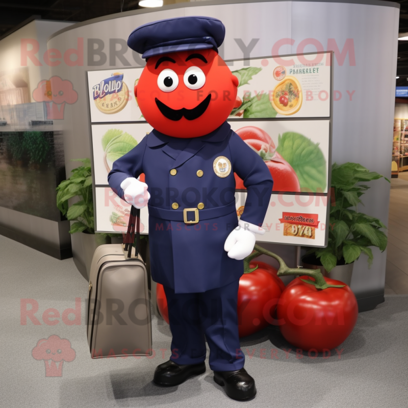 Navy Tomato mascot costume character dressed with a Dress Pants and Wallets