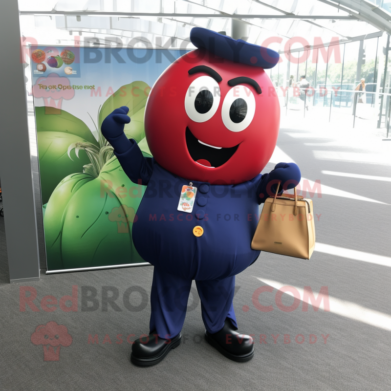 Navy Tomato mascot costume character dressed with a Dress Pants and Wallets