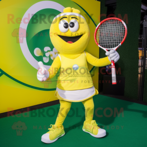 Yellow Tennis Racket mascot costume character dressed with a Leggings and Foot pads