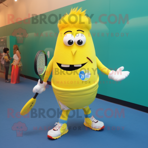Yellow Tennis Racket mascot costume character dressed with a Leggings and Foot pads