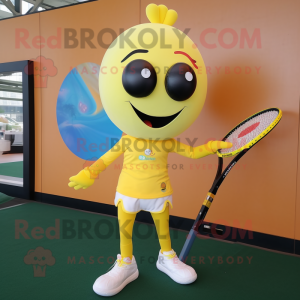 Yellow Tennis Racket mascot costume character dressed with a Leggings and Foot pads