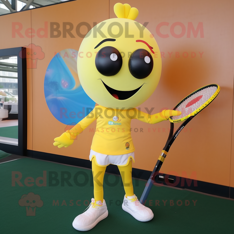 Yellow Tennis Racket mascot costume character dressed with a Leggings and Foot pads Yellow Tennis Racket mascot costume character dressed with a Leggings and Foot pads
