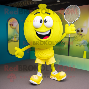 Yellow Tennis Racket mascot costume character dressed with a Leggings and Foot pads