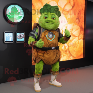 Rust Cabbage mascot costume character dressed with a Graphic Tee and Digital watches