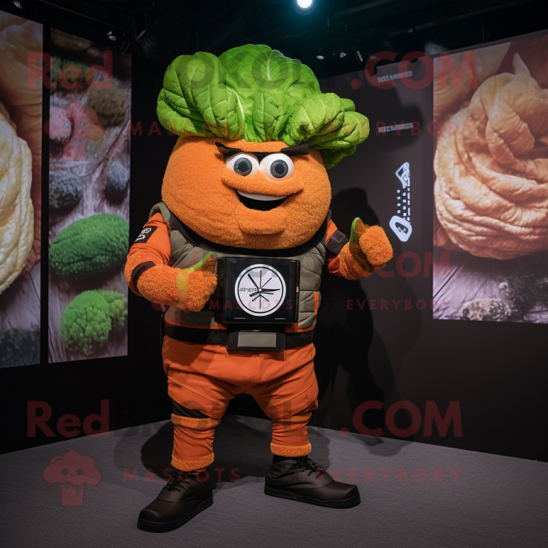 Rust Cabbage mascot costume character dressed with a Graphic Tee and Digital watches