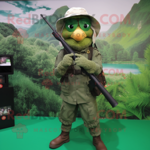 Forest Green Sniper mascot costume character dressed with a Blouse and Keychains