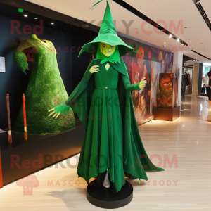 Forest Green Witch'S Hat mascot costume character dressed with a Sheath Dress and Brooches