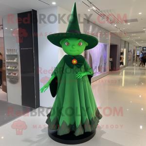 Forest Green Witch'S Hat mascot costume character dressed with a Sheath Dress and Brooches