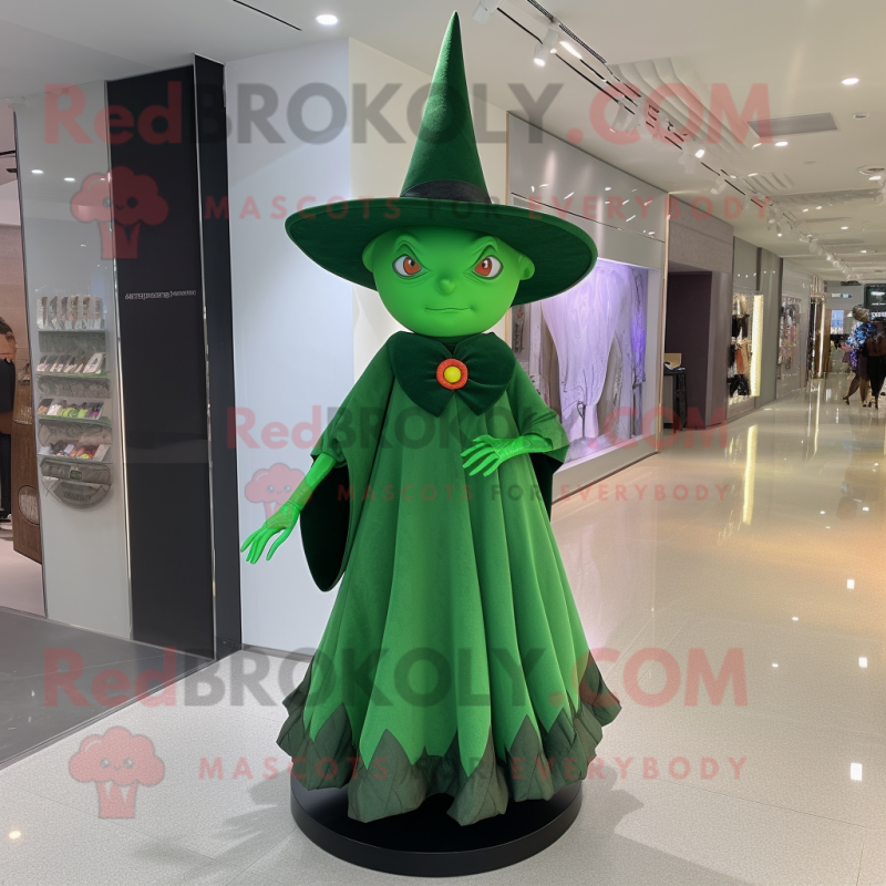 Forest Green Witch'S Hat mascot costume character dressed with a Sheath Dress and Brooches Forest Green Witch'S Hat mascot costume character dressed with a Sheath Dress and Brooches