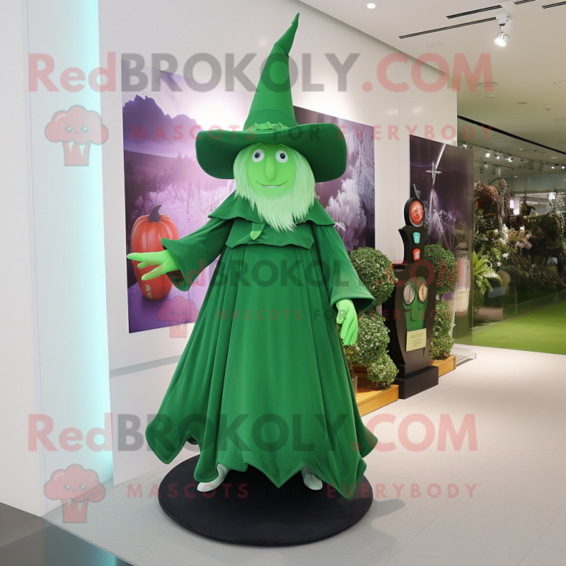 Forest Green Witch'S Hat mascot costume character dressed with a Sheath Dress and Brooches