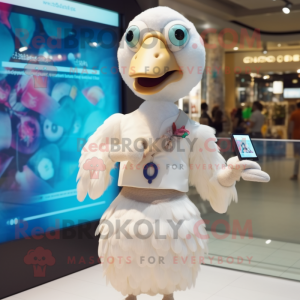 White Dodo Bird mascot costume character dressed with a Midi Dress and Digital watches
