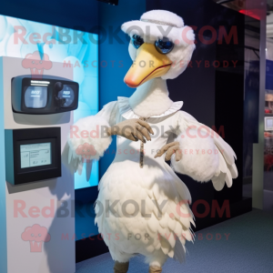 White Dodo Bird mascot costume character dressed with a Midi Dress and Digital watches