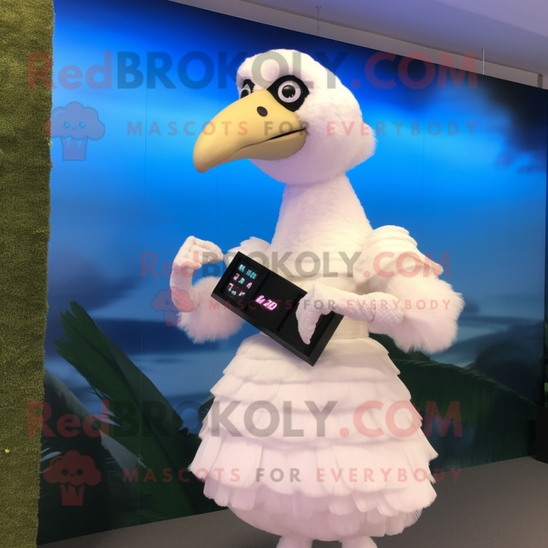 White Dodo Bird mascot costume character dressed with a Midi Dress and Digital watches