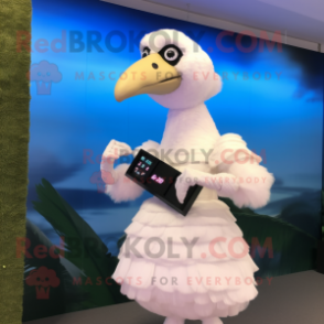 White Dodo Bird mascot costume character dressed with a Midi Dress and Digital watches