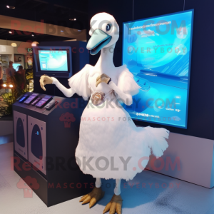 White Dodo Bird mascot costume character dressed with a Midi Dress and Digital watches
