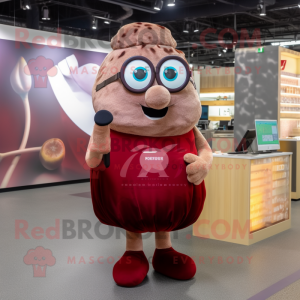 Maroon Potato mascot costume character dressed with a A-Line Dress and Reading glasses