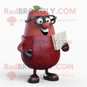 Maroon Potato mascot costume character dressed with a A-Line Dress and Reading glasses