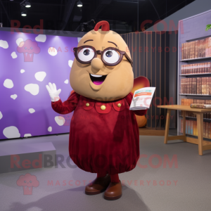 Maroon Potato mascot costume character dressed with a A-Line Dress and Reading glasses